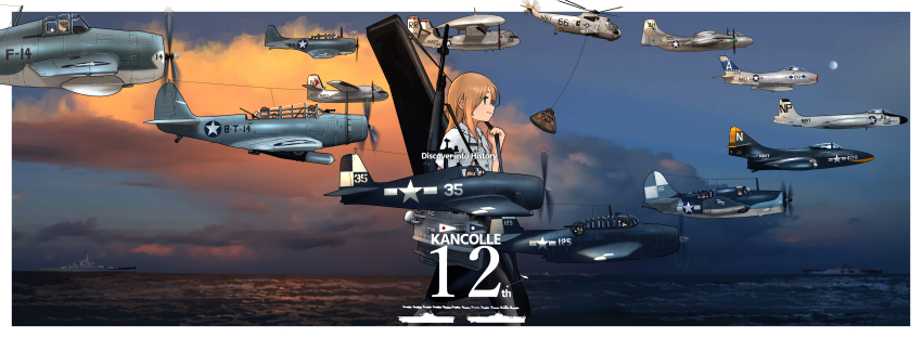 6+girls absurdres aircraft airplane alternate_hair_color amphibious_helicopter anniversary battleship black_pantyhose black_skirt blue_eyes bolt_action brown_hair cloud day dress_shirt fairy_(kancolle) fighter_jet gun helicopter highres hornet_(kancolle) kantai_collection long_hair m1903_springfield military_vehicle mini_person minigirl multiple_girls ocean outdoors pantyhose pencil_skirt personification rifle rigging ship shirt short_sleeves skirt timmyyen uss_hornet_(cv-12) warship watercraft weapon weapon_case white_shirt