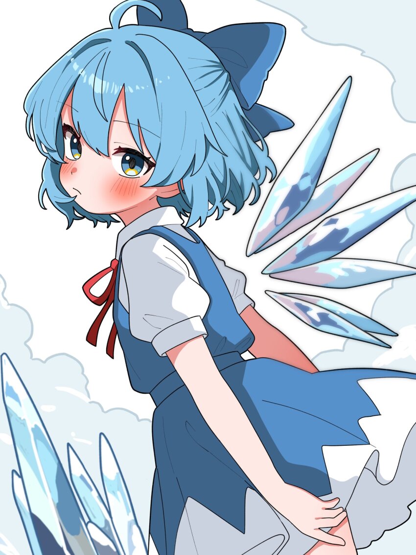 1girl blue_bow blue_dress blue_eyes blue_hair blush bow cirno closed_mouth cowboy_shot dress hair_bow haru_maron highres looking_at_viewer neck_ribbon pinafore_dress red_ribbon ribbon shirt short_dress short_hair short_sleeves sleeveless sleeveless_dress solo touhou white_shirt wings