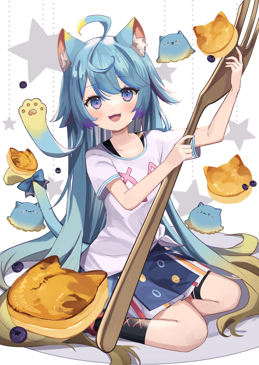 &gt;_&lt; 1girl :3 :d animal_ear_fluff animal_ears blonde_hair blue_eyes blue_hair cat_ears cat_girl cat_tail commission creature food fork full_body goma_(u_p) gradient_hair highres indie_virtual_youtuber lanmewko long_hair looking_at_viewer multicolored_hair open_mouth oversized_object pancake pixiv_commission plate shirt short_sleeves sitting skirt smile tail very_long_hair virtual_youtuber white_shirt