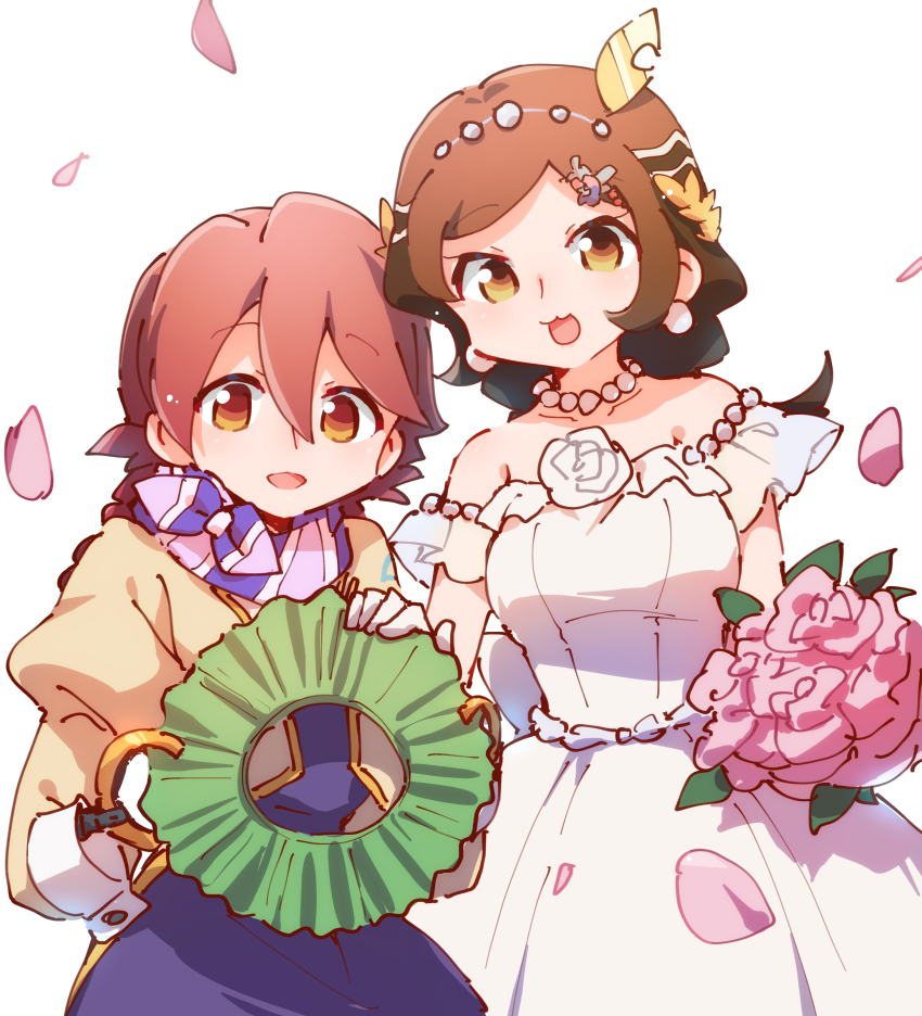 2girls :d absurdres apocalypse_hotel bandana bandana_around_neck bare_shoulders bouquet brown_eyes brown_hair commentary dress flower hair_between_eyes hair_ornament highres holding_headgear jewelry leaf_hair_ornament long_hair long_sleeves multiple_girls necklace nyaa_(nnekoron) open_mouth pearl_necklace petals ponko_procione puffy_long_sleeves puffy_sleeves purple_bandana robot smile unworn_headwear white_dress yachiyo_(apocalypse_hotel)