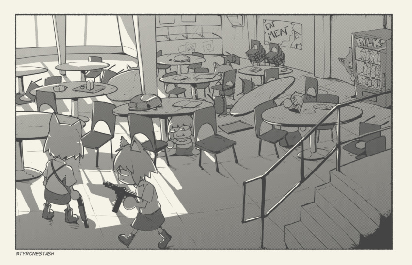 animal_ears artist_name backpack bag border cat_ears chair commentary corn_dog english_commentary greyscale gun holding holding_gun holding_weapon melty_blood milk_carton monochrome neco-arc stairs table tsukihime tyrone vending_machine weapon