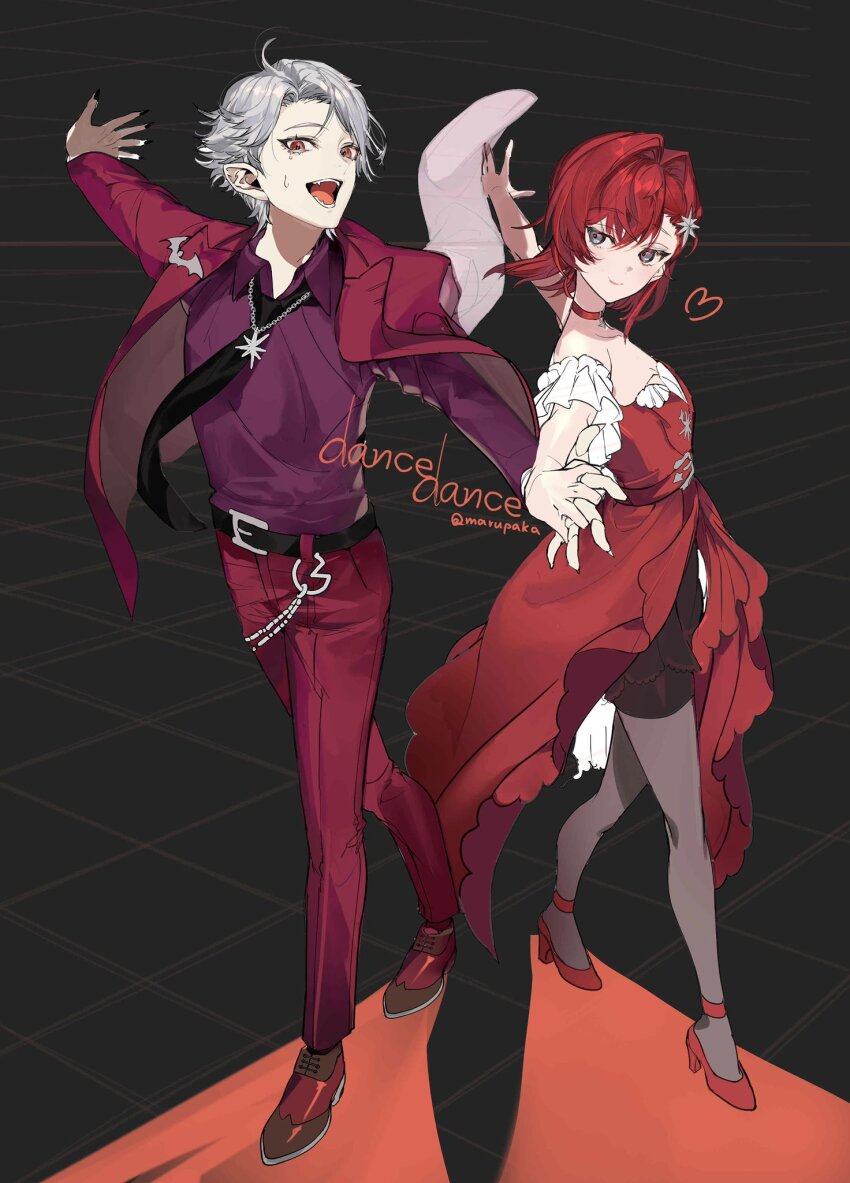 1boy 1girl ahoge ange_katrina ankle_strap bat_ornament belt black_belt black_nails black_necktie black_shorts breasts choker cleavage closed_mouth collarbone collared_shirt colored_shadow commentary_request crying curtained_hair dancing detached_sleeves dress english_text fangs fingernails formal_clothes grey_background grey_eyes grey_hair grey_pantyhose grid_background hair_between_eyes hair_intakes hair_ornament heart high_heels highres holding_hands interlocked_fingers jacket jewelry kuzuha_(nijisanji) lapels light_blush long_fingernails long_sleeves looking_at_another looking_at_viewer looking_back mappapaka nail_polish necktie nijisanji official_alternate_costume open_clothes open_jacket open_mouth outstretched_arms oxfords pants pantyhose pendant pendant_choker pointy_ears purple_shirt red_belt red_choker red_dress red_eyes red_hair red_jacket red_pants red_shoes red_suit shadow sharp_fingernails shirt shirt_tucked_in shoes short_hair short_sleeves shorts showgirl_skirt small_breasts smile standing star_(symbol) star_hair_ornament star_pendant suit tears teeth vampire very_short_hair virtual_youtuber white_sleeves
