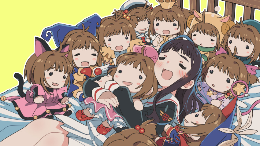 1girl black_hair blush brown_hair cardcaptor_sakura character_doll closed_eyes daidouji_tomoyo doll highres holding holding_stuffed_toy kinomoto_sakura kinomoto_sakura_(astral_sakura) kinomoto_sakura_(dark_night) kinomoto_sakura_(kitty) kinomoto_sakura_(magician) kinomoto_sakura_(miraculous_sakura) kinomoto_sakura_(sakura_prince) kinomoto_sakura_(water_fairy) kitano_yuusuke long_hair lying official_alternate_costume on_back on_bed open_mouth school_uniform serafuku short_hair smile solo stuffed_toy tomoeda_elementary_school_uniform