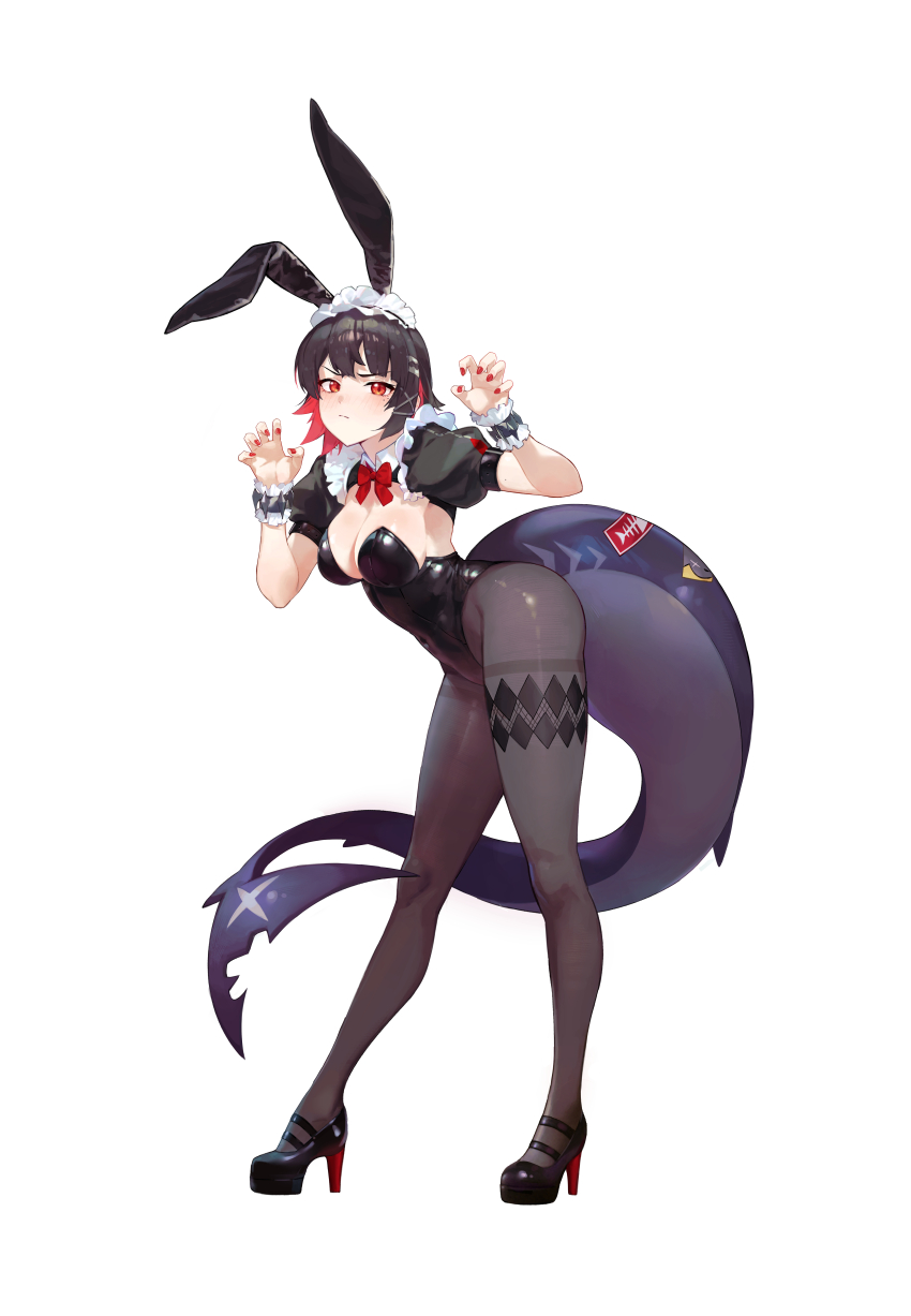 1girl absurdres alternate_costume animal_ear_hairband animal_ears black_hair black_leotard black_pantyhose black_shoes blush breasts claw_pose closed_mouth colored_inner_hair commentary covered_navel detached_collar detached_sleeves ellen_joe english_commentary fake_animal_ears fins fish_tail frilled_wristband full_body hairband highres large_breasts leotard looking_at_viewer maid_headdress mole mole_under_eye multicolored_hair pantyhose playboy_bunny puffy_sleeves rabbit_ear_hairband rabbit_ears razor_blade_hair_ornament red_eyes red_nails ryeobi scar scar_on_tail shark_girl shark_tail shoes short_hair short_sleeves simple_background solo strapless strapless_leotard tail white_background zenless_zone_zero