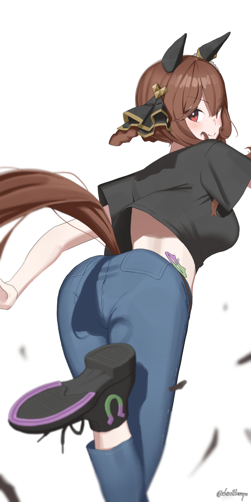 1girl absurdres ahiru3desuyo animal_ears ass black_shirt black_shoes blush braid braided_hair_rings brown_hair clothing_cutout commentary_request cropped_shirt denim ear_covers ear_ornament from_behind gentildonna_(umamusume) hair_between_eyes hair_rings high_tops highres horse_ears horse_girl horse_tail jeans looking_at_viewer looking_back pants red_eyes shirt shoes short_hair simple_background sneakers solo standing standing_on_one_leg tail tail_through_clothes twitter_username uma_summer_(umamusume) umamusume white_background
