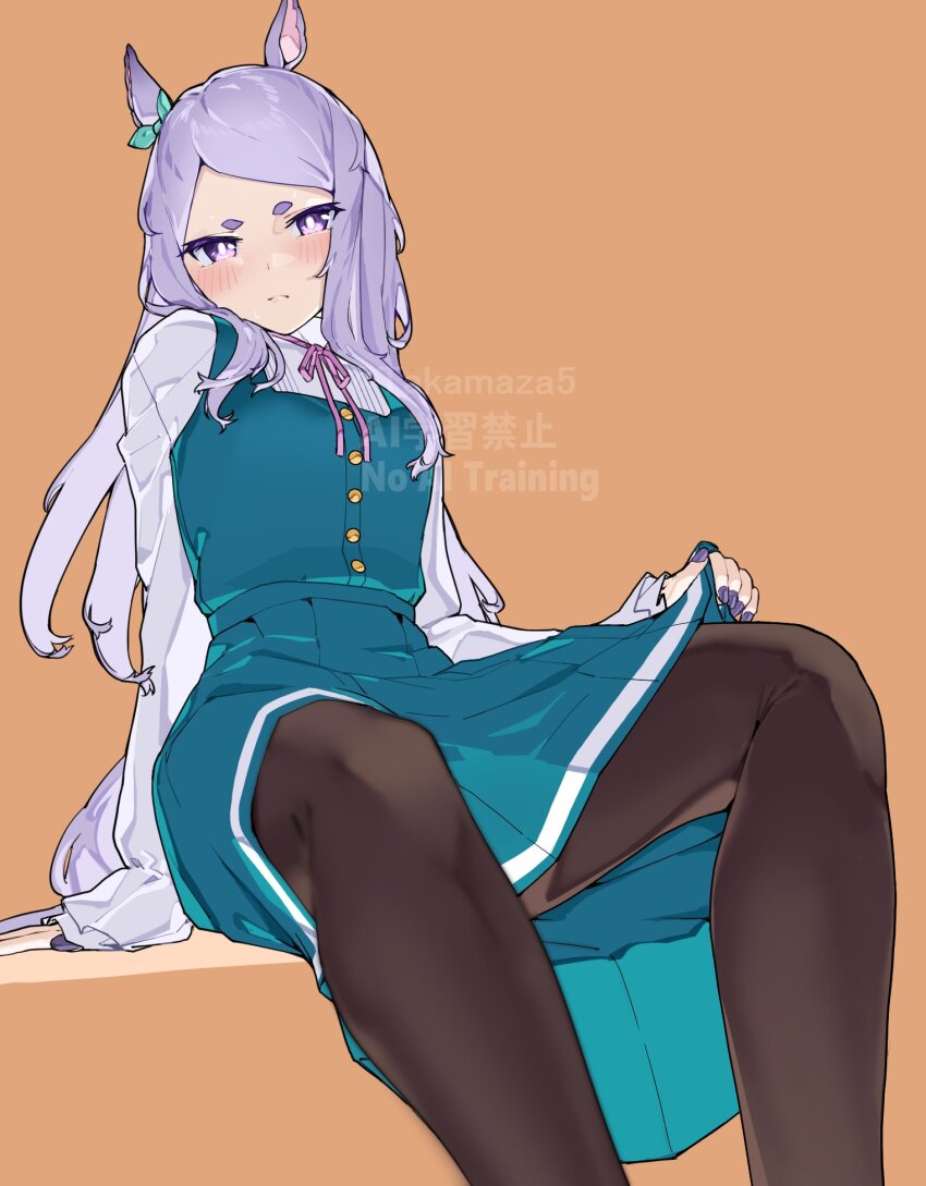 1girl animal_ears aqua_bow blush bow ear_bow ear_ribbon highres holding horse_ears horse_girl horse_tail long_hair long_sleeves looking_at_viewer mejiro_mcqueen_(umamusume) purple_eyes purple_hair shirt skirt solo tail takamaza umamusume