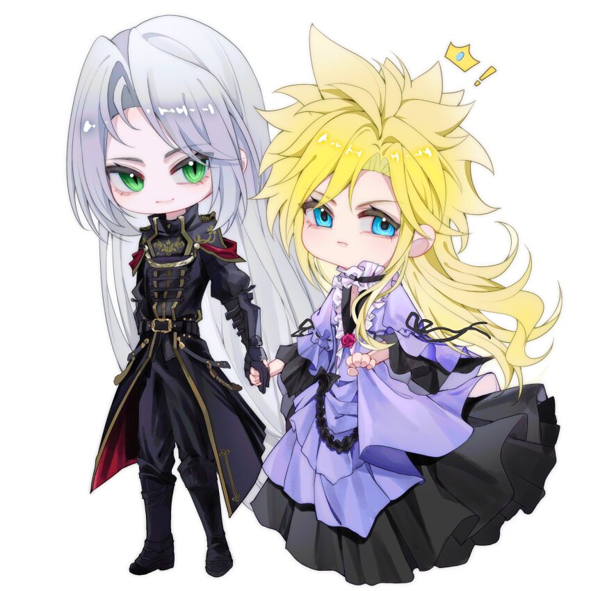 2boys black_boots black_gloves black_jacket black_pants blonde_hair blue_eyes boots chibi choker cloud_strife cloud_strife_(ball_gown) crisis_core_final_fantasy_vii crossdressing crown dress dress_flower final_fantasy final_fantasy_vii final_fantasy_vii_remake flower full_body gloves gold_trim green_eyes grey_hair highres holding_hands jacket long_dress long_hair male_focus military_jacket military_uniform mini_crown multiple_boys official_alternate_costume pants parted_bangs purple_dress ribbon_choker sephiroth sephiroth_(shinra_formal_uniform) slit_pupils spiked_hair white_background yaoi yybk_11