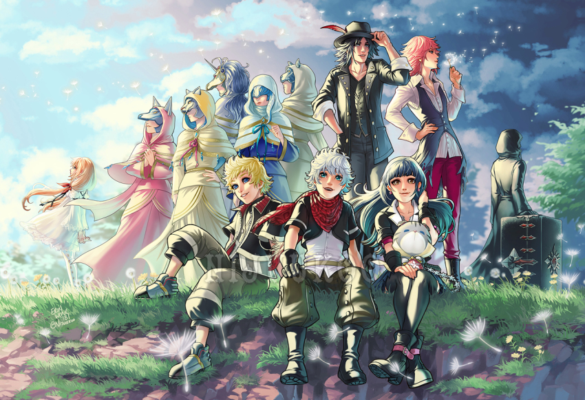 4girls 6+boys aced_(kingdom_hearts) ava_(kingdom_hearts) bear_mask black_cloak blaine_(kingdom_hearts) boots box chirithy cloak cloud cloudy_sky covered_eyes dandelion day ephemer_(kingdom_hearts) everyone flower fox_mask grass gula_(kingdom_hearts) hat hat_feather hood hood_up horse_mask invi_(kingdom_hearts) ira_(kingdom_hearts) kingdom_hearts kingdom_hearts_unchained_x kingdom_hearts_x kingdom_hearts_x_back_cover lauriam luxu_(kingdom_hearts) mask multiple_boys multiple_girls nijuuni own_hands_together skuld_(kingdom_hearts) sky smile snake_mask strelitzia_(kingdom_hearts) ventus_(kingdom_hearts)