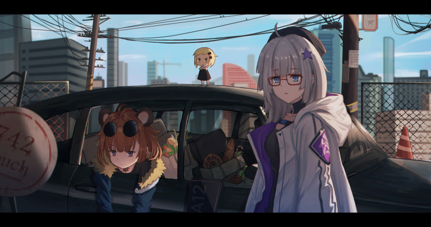 1girl aa-12 aa-12_(girls&#039;_frontline) aer7o aged_down ahoge automatic_shotgun aviator_sunglasses baggy_clothes blue_eyes blue_sky blurry blurry_background breasts brown-framed_eyewear brown_hair buckle car choker cityscape cloud combat_shotgun eyewear_on_head food fur-trimmed_jacket fur_trim girls&#039;_frontline glasses grizzly_mkv_(girls&#039;_frontline) grizzly_mkv_(teddy_transform!)_(girls&#039;_frontline) gun hair_ornament hat highres hood hood_down hooded_jacket jacket letterboxed long_hair looking_at_viewer medium_breasts motor_vehicle multiple_girls official_alternate_costume open_mouth outdoors purple_eyes scenery short_hair shotgun sidelocks silver_hair sky snap-fit_buckle star_(symbol) star_hair_ornament sunglasses weapon