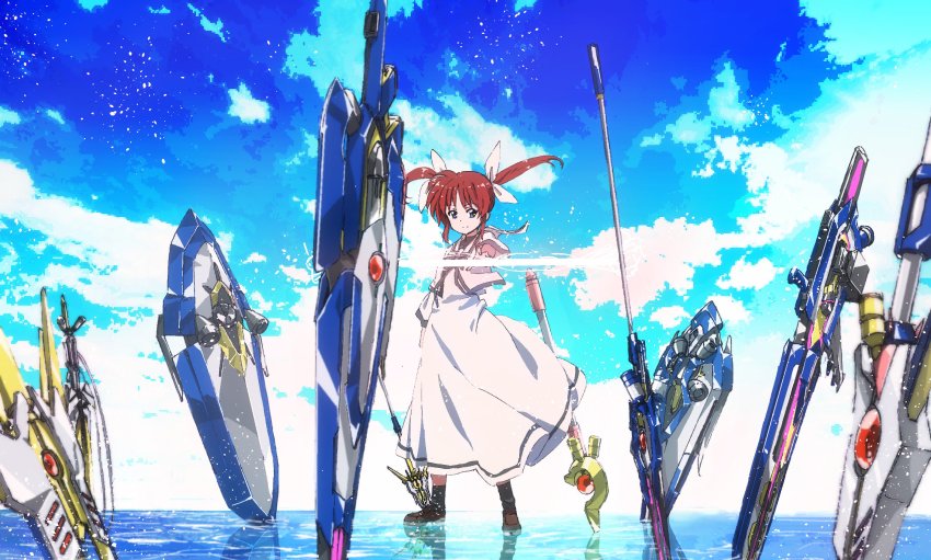 1girl black_socks blue_eyes blue_sky brown_hair brown_shoes bygddd5 closed_mouth cloud cloudy_sky commentary day dress female_focus fortress_(nanoha) full_body highres jacket light_particles loafers long_dress long_sleeves looking_at_viewer lyrical_nanoha magic mahou_shoujo_lyrical_nanoha raising_heart raising_heart_(cannon_mode) raising_heart_(device_mode) raising_heart_(exelion_ii_mode) raising_heart_(exelion_mode)_(2nd) raising_heart_estrea raising_heart_streamer school_uniform seishou_elementary_school_uniform shoes short_hair sky smile socks solo standing standing_on_liquid strike_cannon takamachi_nanoha twintails water white_dress white_jacket wind