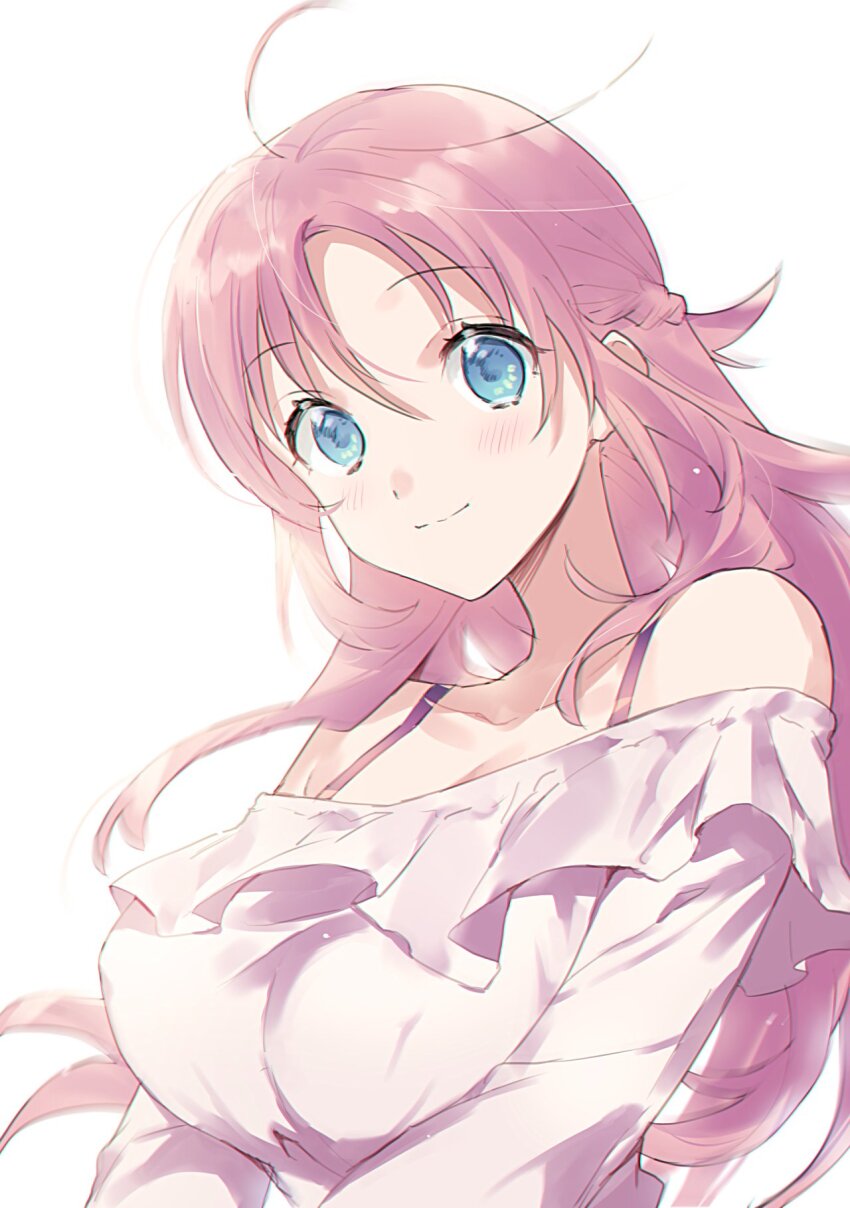 1girl bare_shoulders blue_eyes breasts closed_mouth commentary_request frilled_shirt frills highres hinotta large_breasts light_blush long_hair long_sleeves looking_at_viewer megami-ryou_no_ryoubo-kun off-shoulder_shirt off_shoulder pink_hair saotome_atena shirt smile solo upper_body white_shirt