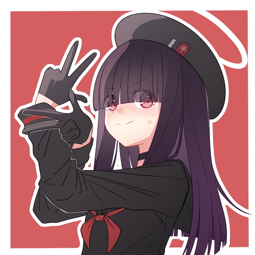 1girl beret black_choker black_gloves black_hair black_hat black_shirt blue_archive blunt_bangs blunt_ends border choker closed_mouth commentary_request double_w eyes_visible_through_hair gloves hair_over_eyes half_gloves halo hat highres justice_task_force_member_(blue_archive) long_hair long_sleeves neckerchief outline outside_border purple_hair red_background red_eyes red_neckerchief school_uniform serafuku shirt sidelighting simple_background smile solo sora23174 split_mouth sweatdrop tareme upper_body v-shaped_eyebrows w white_border white_outline