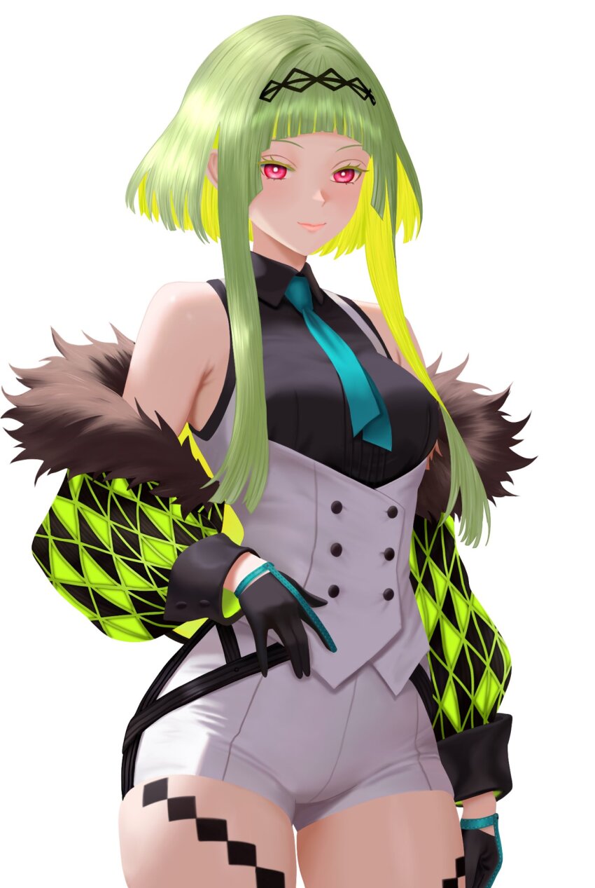 1girl aqua_necktie arched_bangs armpit_crease bare_shoulders black_gloves black_hairband blonde_hair blush breasts buttons closed_mouth collared_shirt colored_inner_hair commentary cowboy_shot devil_summoner_(series) double-breasted english_commentary eyelashes fur-trimmed_jacket fur_trim gloves gluteal_fold green_hair hairband highres jacket looking_at_viewer medium_breasts mikan_zakuro multicolored_hair necktie open_clothes open_jacket pink_hair ringo_(soul_hackers_2) shirt short_hair_with_long_locks short_shorts shorts simple_background smile solo soul_hackers_2 thighs white_background white_shorts