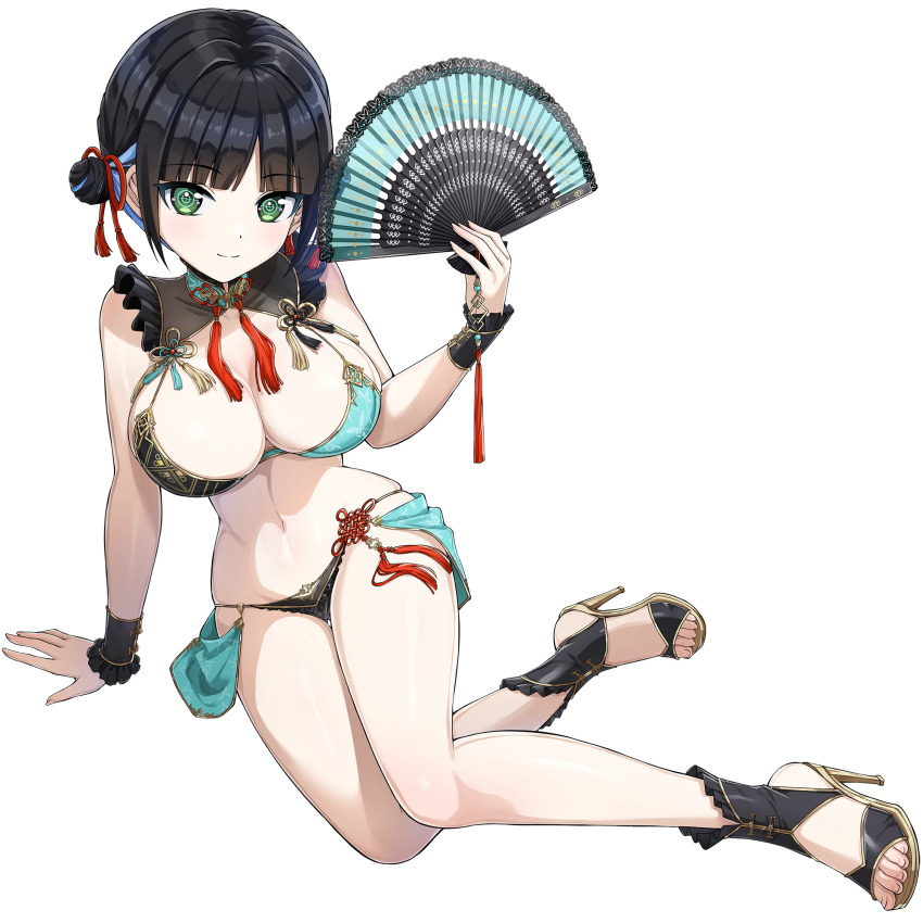 1girl black_hair blue_hair blush breasts china_dress chinese-styled_bikini chinese_clothes cleavage colored_inner_hair crosshair_pupils dolphin_wave dress eines_(dolphin_wave) game_cg green_eyes hand_fan high_heels highres large_breasts looking_at_viewer multicolored_hair navel non-web_source official_alternate_costume official_alternate_hairstyle official_art ootomo_takuji smile