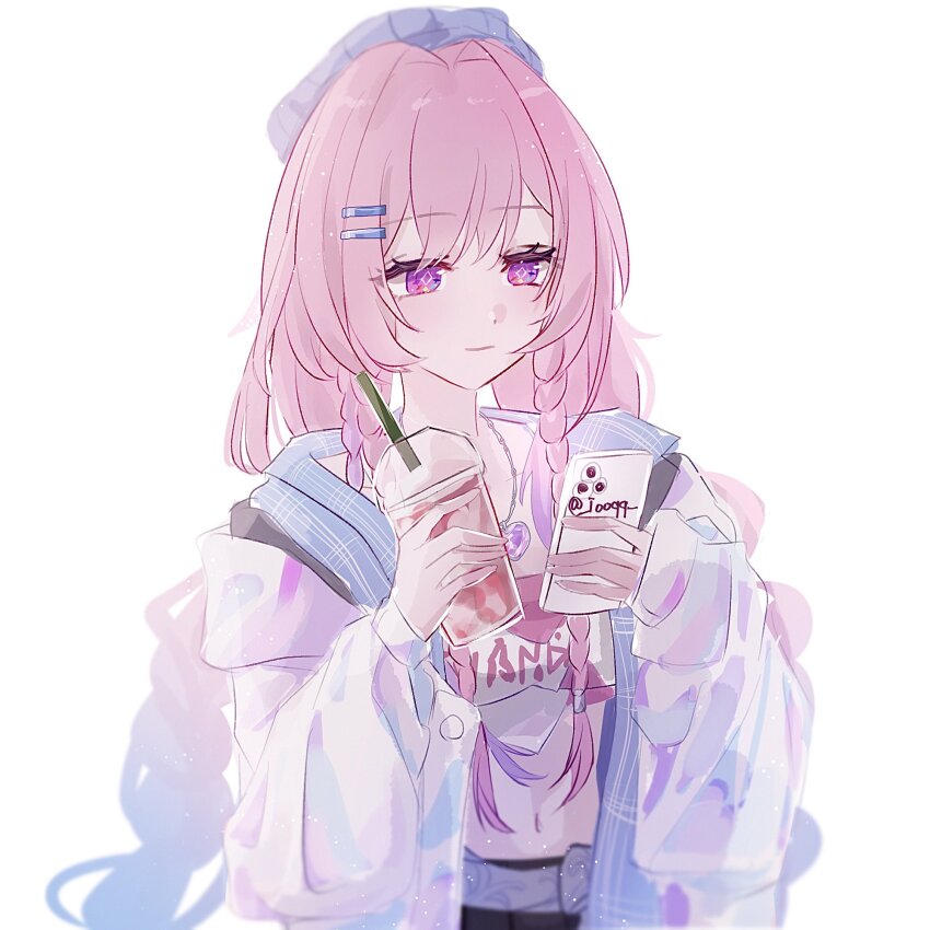 1girl aqua_hair blue_hat breasts bubble_tea cellphone clothes_writing crop_top cup cyrene_(honkai:_star_rail) cyrene_(nylon_japan)_(honkai:_star_rail) cyrene_(ripples_of_past_reverie)_(honkai:_star_rail) diamond-shaped_pupils diamond_(shape) disposable_cup drinking_straw hat highres holding holding_cup holding_phone honkai:_star_rail honkai_(series) iooqq jacket long_hair looking_at_phone medium_breasts midriff multicolored_hair navel official_alternate_costume phone pink_hair purple_eyes smartphone solo symbol-shaped_pupils twitter_username two-tone_hair very_long_hair white_jacket
