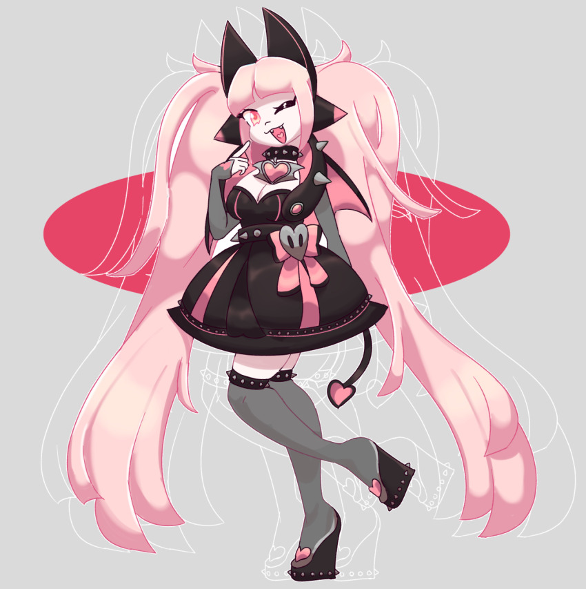 bixibite black_dress black_shoes collar demon_girl demon_tail demon_wings dress fangs grey_background grey_socks highres mini_wings one_eye_closed pink_eyes pink_hair shoes sleeveless socks solo spiked_belt spiked_collar spikes tail twintails uforoadtrip utau wings