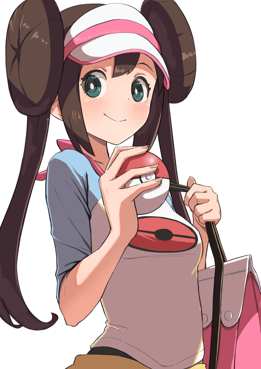 1girl bag blue_sleeves blush breasts brown_hair closed_mouth collarbone commentary double_bun green_eyes hair_bun highres holding holding_poke_ball long_hair looking_at_viewer nintendo poke_ball poke_ball_print pokemon pokemon_bw2 print_shirt raglan_sleeves rosa_(pokemon) shirt simple_background small_breasts smile solo toraneko twintails upper_body visor_cap white_background white_shirt