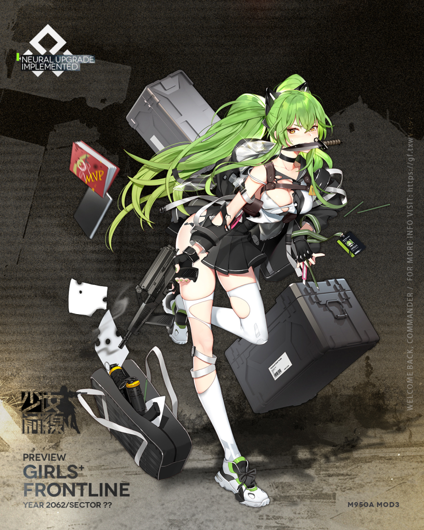 1girl artist_request bag black_gloves black_neckwear black_sailor_collar black_skirt blush bomb book breasts calico_light_weapons_systems calico_m950 calico_m950a character_name cheek_pistol cleavage combat_knife copyright_name damaged double-stack_magazine explosive female_focus fingerless_gloves full_body girls&#039;_frontline gloves green_hair green_nails grenade gun hand_grenade handgun headgear helical_magazine high-capacity_magazine highres holding holding_gun holding_weapon id_card knife leg_up long_hair m950a_(girls&#039;_frontline) m950a_(mod3)_(girls&#039;_frontline) machine_pistol magazine_(weapon) medium_breasts mod3_(girls&#039;_frontline) mouth_hold nail_polish official_alternate_costume official_art paper pencil pistol pleated_skirt sailor_collar school_uniform serafuku shirt shoes skirt smoke sneakers solo stubby_grip submachine_gun sweat thighhighs torn_clothes torn_shirt torn_skirt torn_thighhighs two_side_up vertical_forward_grip weapon white_thighhighs yellow_eyes