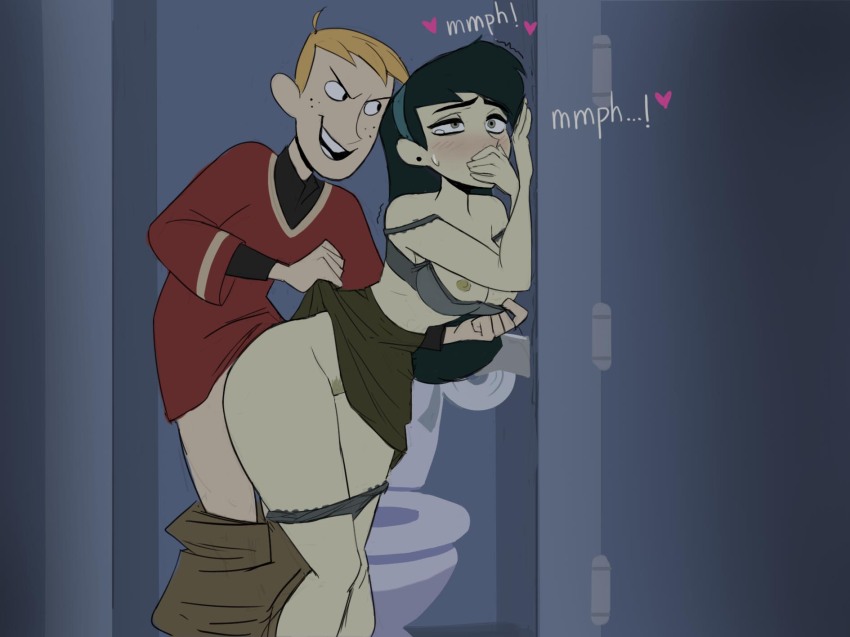 1boy 1girl amugea black_hair blonde_hair blue_hairband blush bra breasts breasts_out clothes_lift covering_own_mouth female_pubic_hair from_behind green_pants grey_bra grey_panties hairband hand_over_own_mouth heart hetero highres indoors kim_possible_(series) long_hair medium_breasts nipples official_alternate_costume open_mouth panties pants panty_pull pubic_hair red_shirt public_restroom ron_stoppable sex sex_from_behind shego shirt short_hair skirt skirt_lift sound_effects standing standing_sex tearing_up teeth toilet toilet_stall underwear