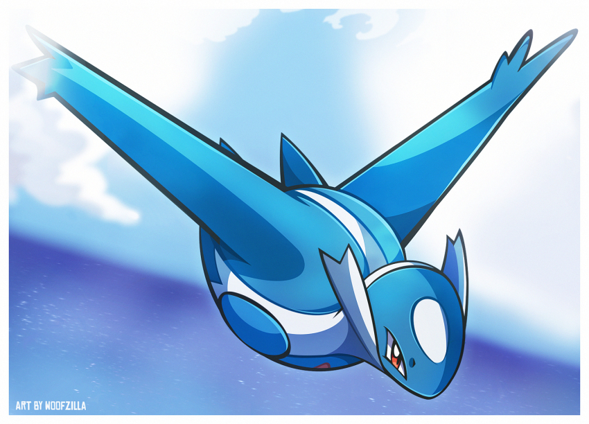 artist_name border cloud commentary day english_commentary flying gen_3_pokemon latios legendary_pokemon nintendo no_humans ocean outdoors pokemon pokemon_(creature) red_eyes sky solo white_border woofzilla