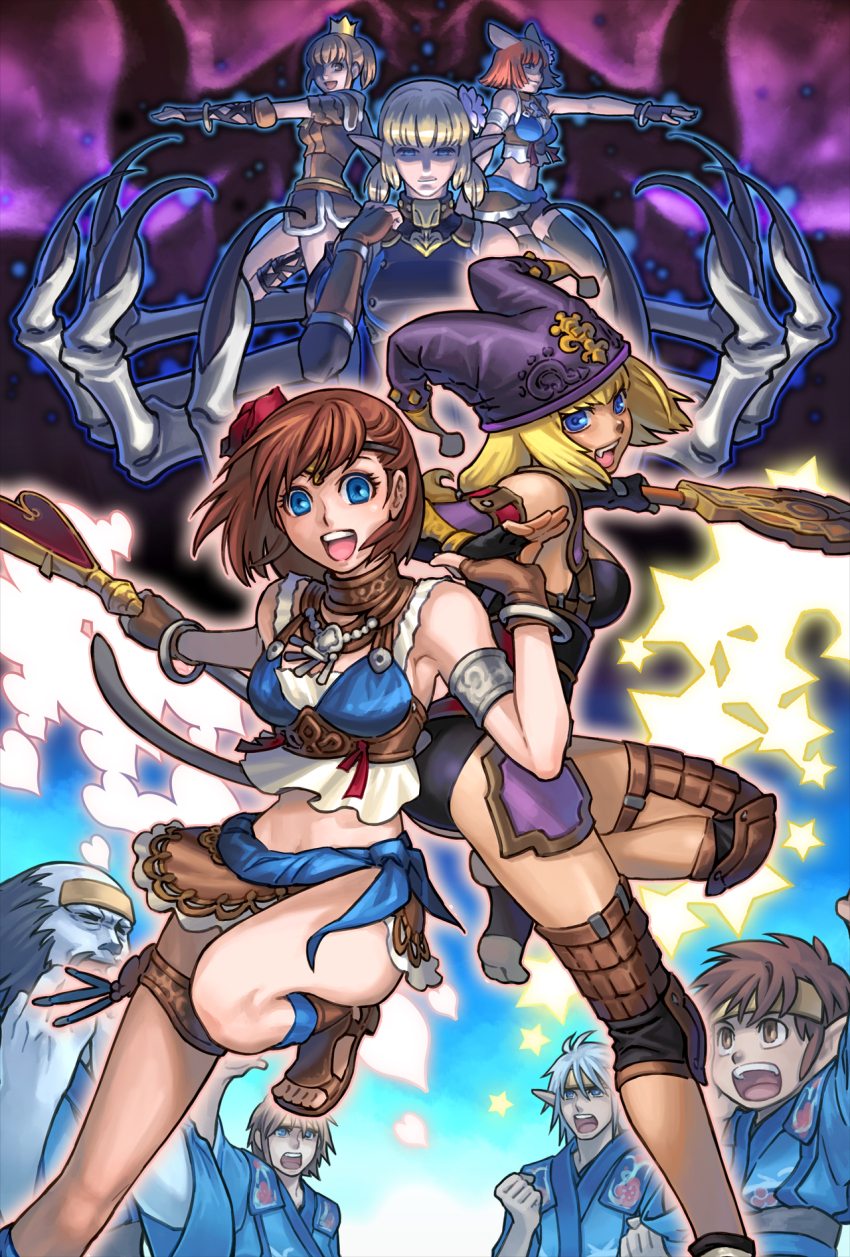 4boys 5girls :d animal_ears black_gloves blonde_hair blue_eyes bracelet breasts brown_gloves brown_hair cat_ears cat_girl cat_tail cheering circlet cleavage commentary crown elf elvaan fang final_fantasy final_fantasy_xi fingerless_gloves flower galka gloves hair_flower hair_ornament hat heart heart_wand highres holding holding_wand hume jester_cap jewelry leg_up medium_breasts minagawa_fumio mini_crown mithra_(ff11) multiple_boys multiple_girls mumor navel official_art one_eye_in_shadow open_mouth pointy_ears purple_hat red_flower red_hair second-party_source smile star_(symbol) tail tarutaru teeth uka_totlihn upper_teeth_only wand