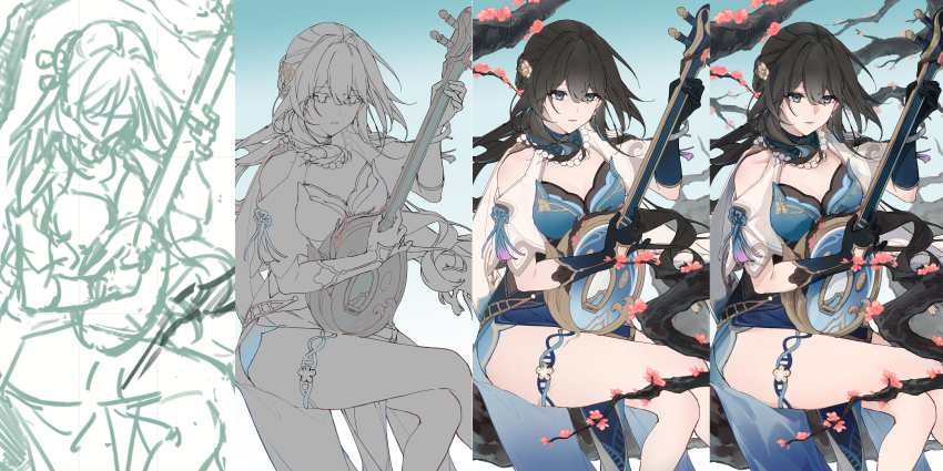 1girl absurdres aqua_collar aqua_dress bead_necklace beads black_gloves branch breasts brown_hair cherry_blossoms cleavage clothing_cutout collarbone commentary_request cowboy_shot crossed_legs detached_collar dna dress flower gloves hair_flower hair_intakes hair_ornament highres honkai:_star_rail honkai_(series) instrument jewelry long_hair making-of medium_breasts multicolored_hair music necklace playing_instrument ruan ruan_mei_(honkai:_star_rail) shoulder_cutout sitting solo streaked_hair thigh_strap very_long_hair yama_ta_yomogi