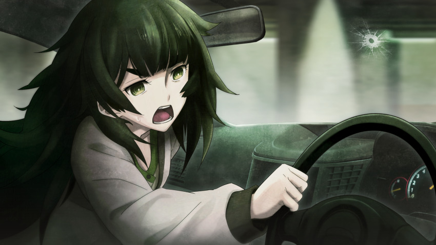 blunt_bangs car car_interior clothing_request collar collarbone crack cracked_glass dress driving flat_chest game_cg green_collar green_dress green_eyes green_hair green_trim grey_jacket gunshot highres hiyajou_maho huke jacket jacket_over_dress long_hair long_sleeves messy_hair motion_blur motor_vehicle nervous_sweating non-web_source official_art open_mouth rear-view_mirror right-hand_drive ringed_eyes scared shirt shouting steering_wheel steins;gate steins;gate_0 sweat teeth thick_eyebrows tongue v-shaped_eyebrows very_long_hair windshield