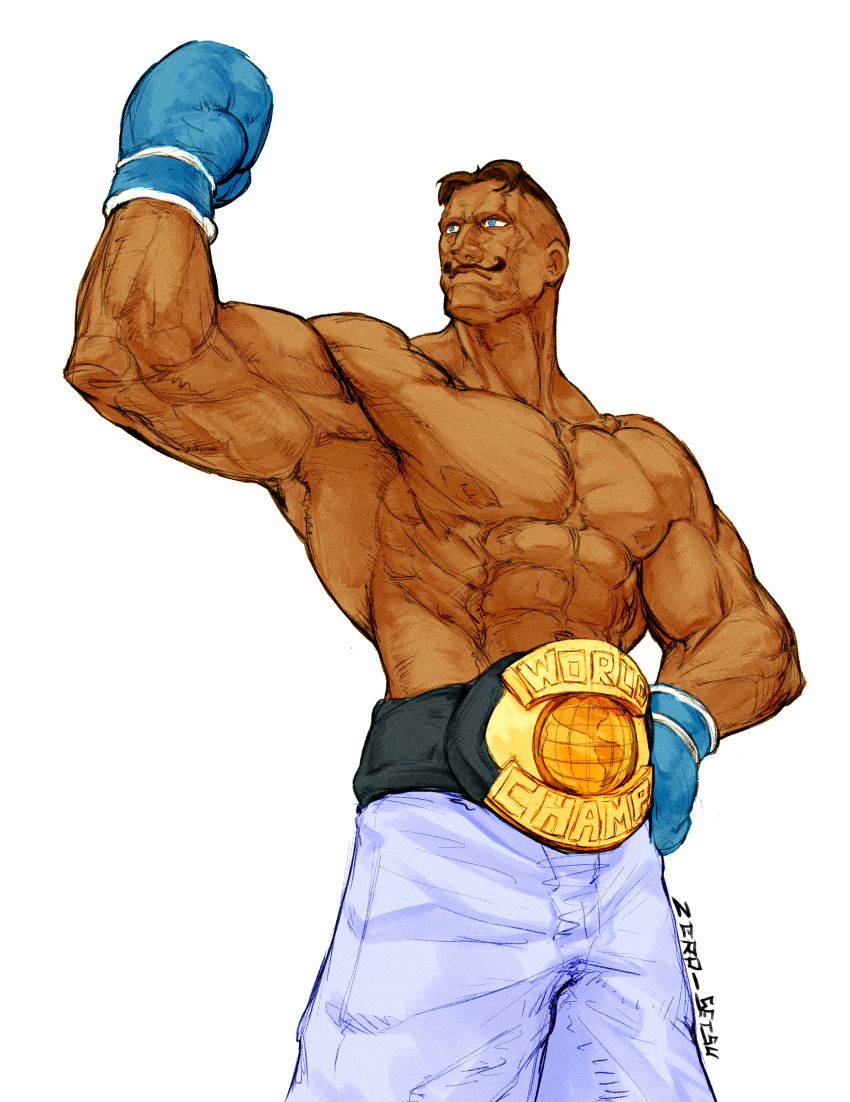 1boy abs absurdres alternate_costume arm_up artist_name belt black_hair blue_eyes boxer boxing_gloves closed_mouth collarbone dark_skin dudley facial_hair hand_on_own_hip highres looking_ahead male_focus muscular muscular_male mustache nishimura_kinu_(style) parted_bangs pectorals short_hair street_fighter topless_male very_dark_skin white_background zero_setsu