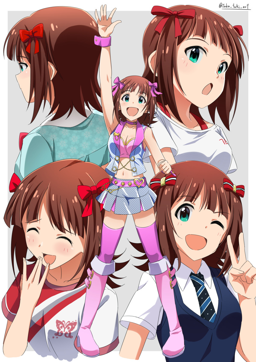 1girl ^_^ absurdres amami_haruka arm_up bare_shoulders belt black_necktie blue_jacket blue_necktie blue_skirt blue_sweater_vest boots bow breasts brown_hair buckle choker cleavage clenched_hand closed_eyes collarbone crop_top cropped_shirt full_body green_eyes green_shirt grey_background hair_bow hair_ribbon hand_up heart heart-shaped_buckle heart_choker highres idolmaster idolmaster_(classic) idolmaster_million_live! idolmaster_million_live!_theater_days jacket knee_boots lesson_wear_(idolmaster_million_live!) looking_at_another looking_at_viewer luxury_(idolmaster) medium_breasts midriff miniskirt multicolored_jacket multiple_views navel necktie official_alternate_costume one_eye_closed open_hand open_mouth pink_belt pink_boots pink_choker pink_diamond_765_(idolmaster) pink_jacket pink_ribbon pink_shirt pink_thighhighs pink_wrist_cuffs pleated_skirt red_ribbon red_shirt ribbon school_uniform shirt short_hair short_sleeves simple_background skirt sleeveless sleeveless_jacket sleeveless_shirt smile standing summer_uniform_series_(idolmaster) sweater_vest takatsuki_p thighhighs twitter_username two-tone_jacket two-tone_necktie two-tone_shirt v white_shirt wrist_cuffs zettai_ryouiki