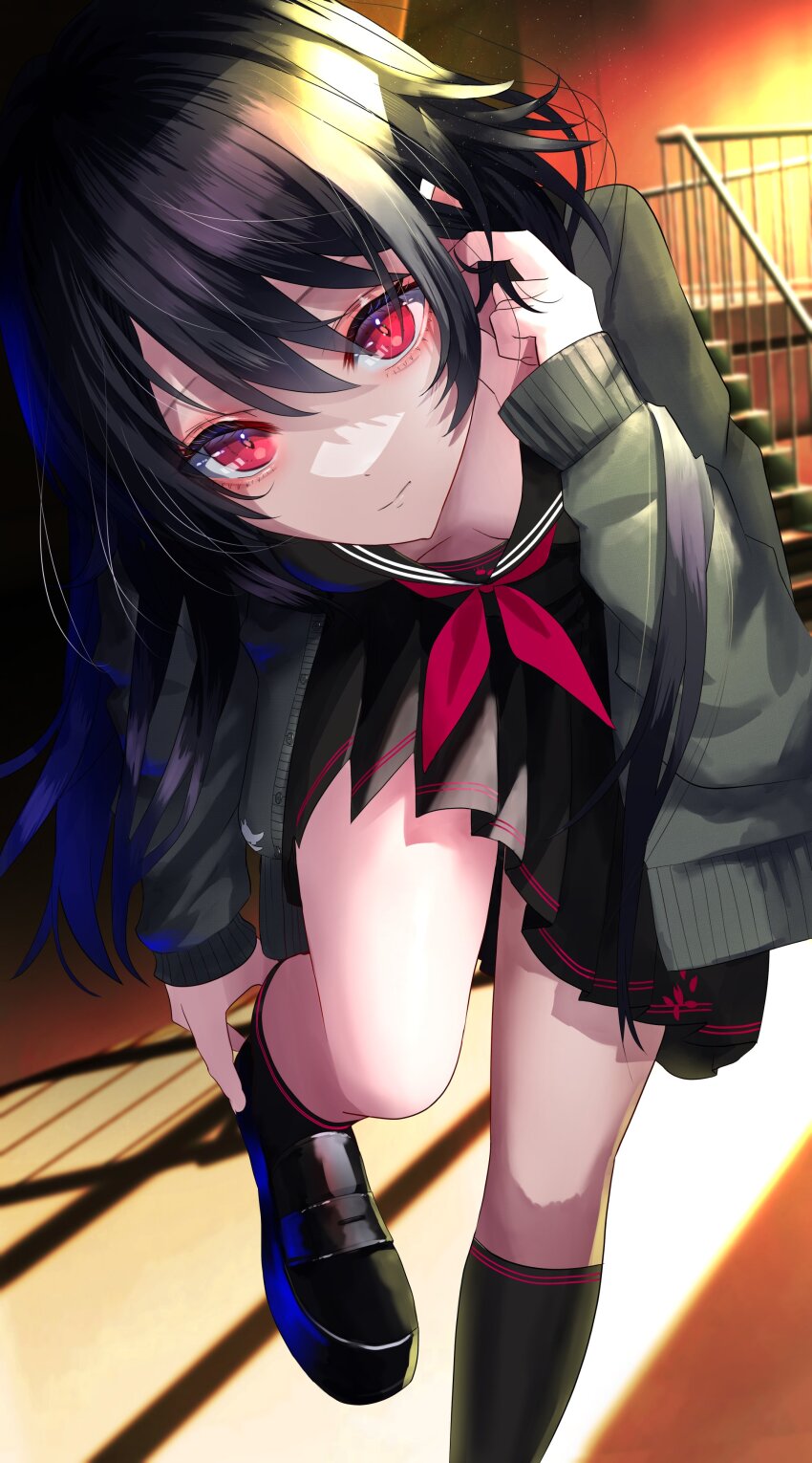 1girl absurdres black_hair black_shirt black_shoes black_skirt black_socks breasts breasts_apart cardigan cleavage commentary downblouse expressionless foot_out_of_frame grey_cardigan hand_in_own_hair handrail highres iris_black_games kisaragi_ren_(5th_costume) kisaragi_ren_(vtuber) leaning_forward loafers neckerchief official_alternate_costume official_alternate_hair_length official_alternate_hairstyle paw_print pleated_skirt putting_on_footwear red_eyes red_neckerchief shadow shirt shoes sidelocks skirt socks solo stairs standing swept_bangs virtual_youtuber vspo! yusuke_(shiota)
