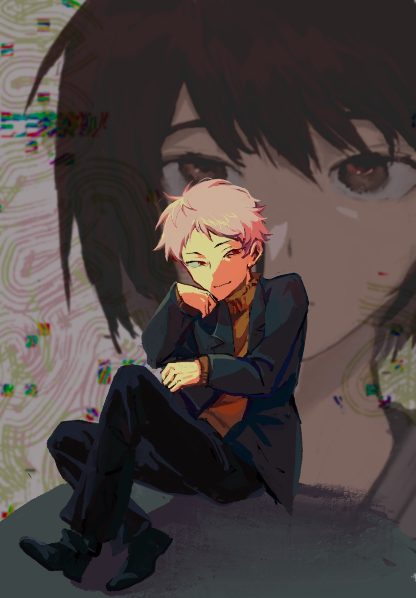 2boys atou_haruki beiquqian black_jacket black_pants black_shoes brown_eyes brown_hair brown_sweater chinese_commentary closed_mouth commentary_request highres isoi_haruki jacket lapels long_sleeves male_focus multiple_boys notched_lapels open_clothes open_jacket pants pink_hair red_eyes saibou_shinkyoku shoes short_hair sitting smile spoilers sweater turtleneck turtleneck_sweater