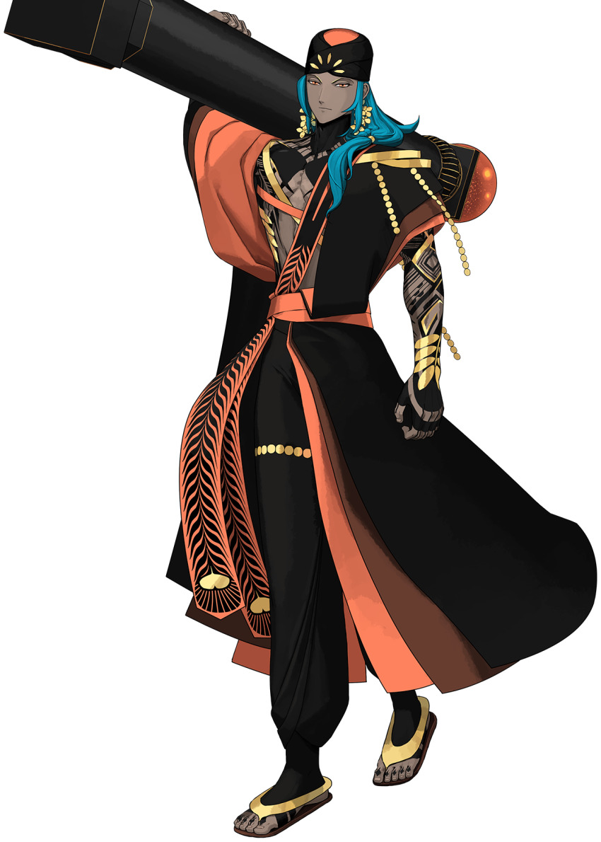 1boy ashoka_(fate) baggy_pants black_pants black_turban blue_hair body_markings dark-skinned_male dark_skin earrings fate/grand_order fate_(series) flower_earrings full_body furumi_showichi game_cg hair_over_shoulder highres holding holding_weapon indian_clothes jewelry long_hair looking_at_viewer male_focus official_art orange_eyes pants second-party_source shoes solo standing tachi-e transparent_background turban weapon