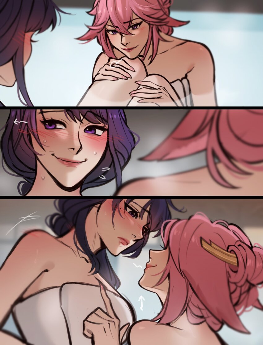 2girls animal_ears blush closed_mouth commentary english_commentary fox_ears genshin_impact hair_ornament hairpin hand_on_another&#039;s_leg highres long_hair looking_at_another mole mole_under_eye multiple_girls naked_towel partially_submerged pink_hair purple_eyes purple_hair raiden_shogun same-sex_bathing shared_bathing smile towel water wiistef yae_miko yuri