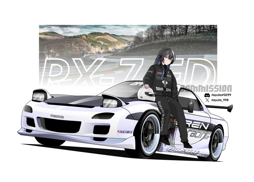 1girl absurdres black_hair black_jumpsuit black_shoes blue_hair blush car discord_logo discord_username helmet highres jumpsuit mazda mazda_rx-7 mazda_rx-7_fd motor_vehicle multicolored_hair pop-up_headlights punishing:_gray_raven purple_eyes race_vehicle racecar racing_suit rlayuta road selena_(pgr) shadow shoes smile sneakers solo spoiler_(automobile) sports_car streaked_hair twitter_x_logo unworn_headwear unworn_helmet vehicle_name white_car white_helmet