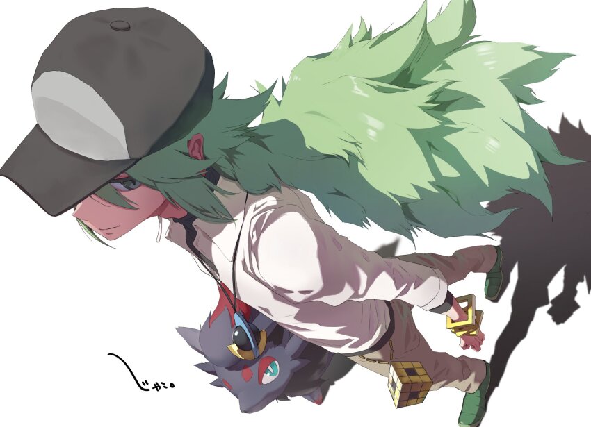 1boy baseball_cap blue_eyes bright_pupils closed_mouth commentary_request from_above full_body gen_5_pokemon green_hair grey_fur hat highres jako_(boke_poke) jewelry long_hair male_focus n_(pokemon) necklace nintendo pokemon pokemon_(creature) pokemon_bw shadow simple_background void_cube walking white_background white_pupils zorua