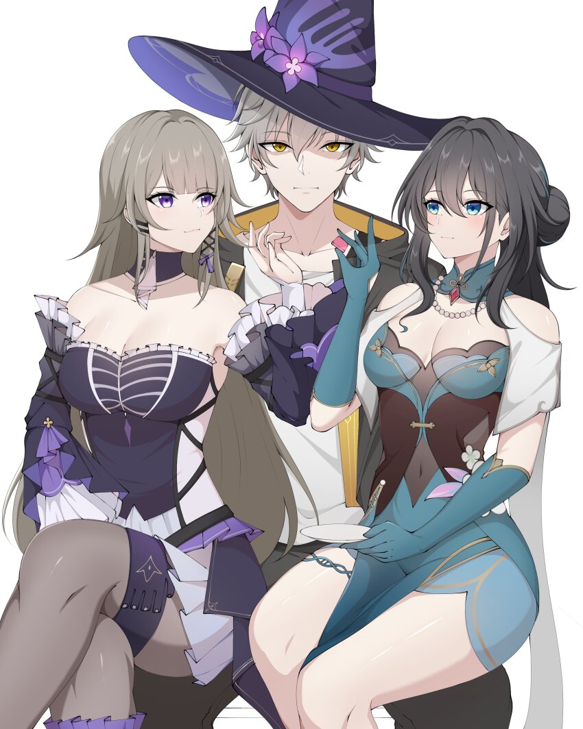 1girl 2girls absurdres aqua_collar aqua_dress aqua_eyes aqua_gloves bead_necklace beads black_hair caelus_(honkai:_star_rail) centauri-d chinese_clothes clothing_cutout dna double_helix dress flower gloves grey_hair hat hat_flower herta_(honkai:_star_rail) highres honkai:_star_rail honkai_(series) jewelry multiple_girls necklace official_alternate_design pearl_necklace purple_eyes purple_flower purple_hat ruan ruan_mei_(honkai:_star_rail) shoulder_cutout the_herta_(honkai:_star_rail) trailblazer_(honkai:_star_rail) witch_hat