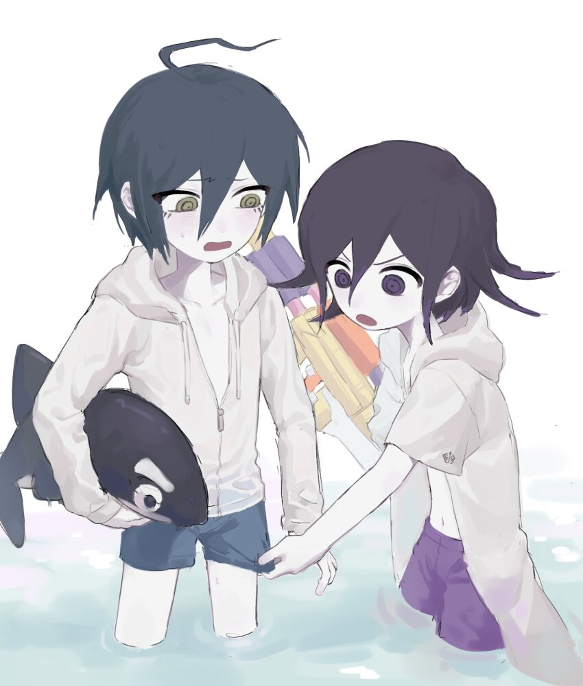 2boys :o ahoge black_hair blue_male_swimwear brown_eyes collarbone danganronpa_(series) danganronpa_v3:_killing_harmony hair_between_eyes highres holding holding_water_gun hood hood_down hooded_jacket jacket katyusha_(deer_peter) male_focus male_swimwear multiple_boys oma_kokichi open_clothes open_jacket open_mouth orca pale_skin pink_male_swimwear purple_eyes saihara_shuichi short_hair simple_background water_gun white_background