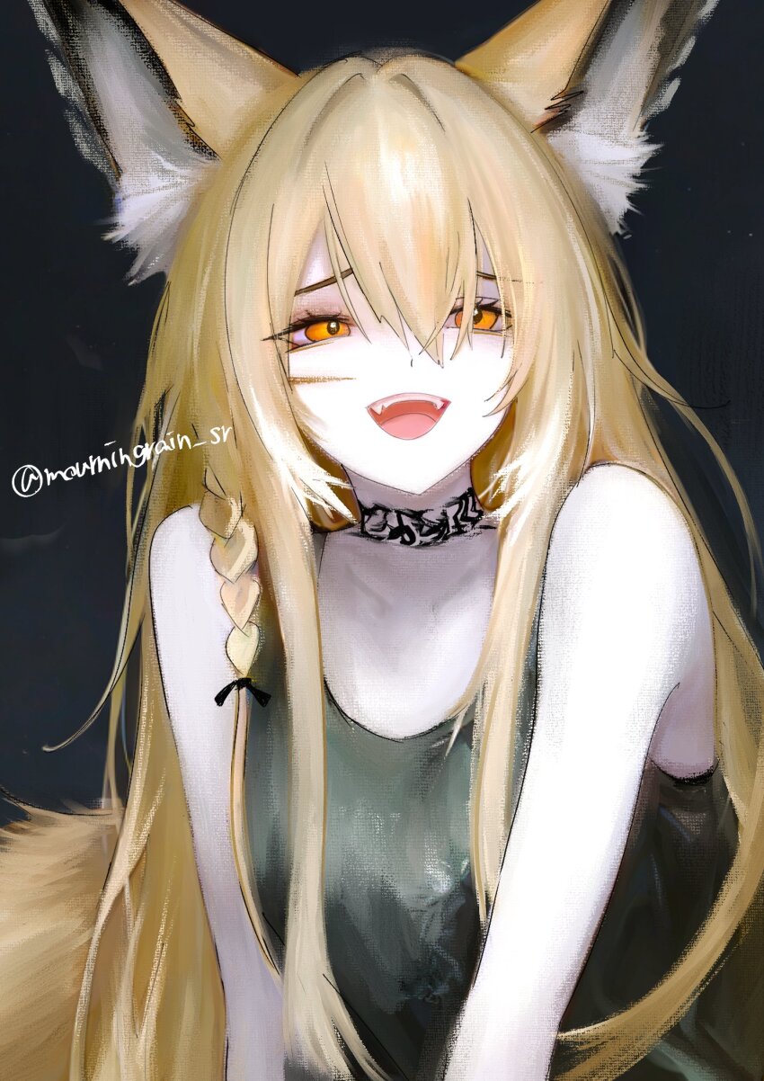 1girl alternate_costume animal_ear_fluff animal_ears arknights bare_shoulders black_background black_tank_top blonde_hair braid collarbone commentary commentary_typo facial_scar hair_between_eyes highres long_hair looking_at_viewer mourningrain_sr multicolored_hair open_mouth scar scar_on_cheek scar_on_face simple_background sleeveless smile smug solo streaked_hair tank_top teeth twitter_username upper_body upper_teeth_only vulpisfoglia_(arknights) watermark white_hair yellow_eyes