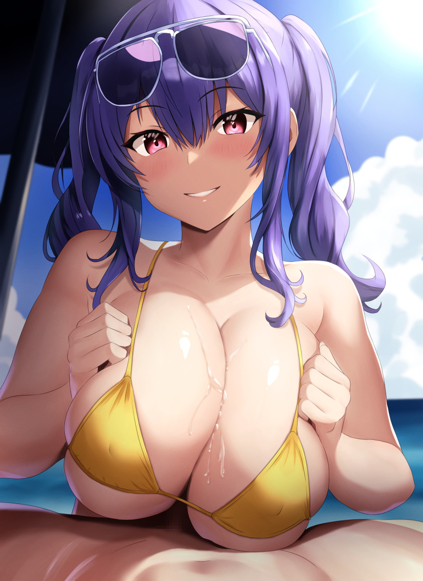 1boy 1girl absurdres asanagi_shion aviator_sunglasses azur_lane beach_umbrella bikini blue_sky blush breasts breasts_squeezed_together clenched_hands cloud covered_erect_nipples eyewear_on_head grin hands_on_own_breasts hetero highres large_breasts micro_bikini official_alternate_costume outdoors paizuri paizuri_under_clothes pola_(azur_lane) pola_(seaside_coincidence)_(azur_lane) pov pov_crotch purple_hair red_eyes semi-circular_eyewear sidelocks skindentation sky smile solo_focus sun sunglasses sunlight swimsuit twintails umbrella upper_body yellow_bikini