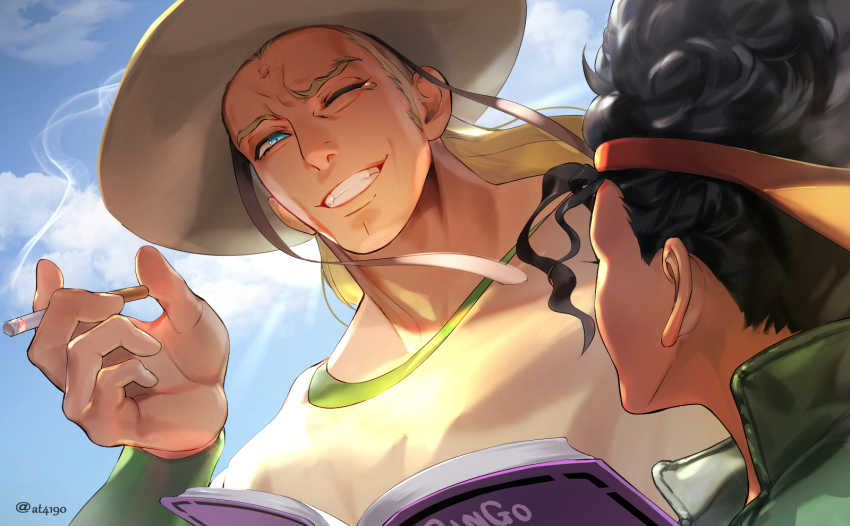 2girls :d artist_name black_hair blonde_hair blue_eyes blue_sky boingo book cigarette cloud cloudy_sky half-closed_eyes highres hol_horse holding holding_cigarette jojo_no_kimyou_na_bouken looking_at_another multiple_girls one_eye_closed open_mouth shirt sky smile smoking stardust_crusaders teeth yellow_shirt zouhyou_(at4190)