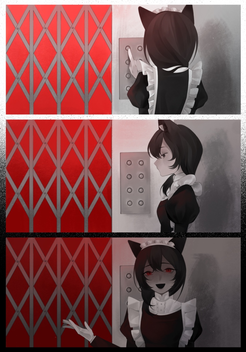 1girl absurdres animal_ears apron border cat_ears cat_girl chikyuu_no_ura_(cevio) commentary elevator elevator_door elevator_operator english_commentary gradient_border hair_over_shoulder hand_up highres iyowa_girls juliet_sleeves long_hair long_sleeves looking_at_viewer maid maid_apron maid_headdress moonmart open_mouth partially_colored pressing_button puffy_sleeves red_eyes sequential smile turning_around ura_(iyowa)