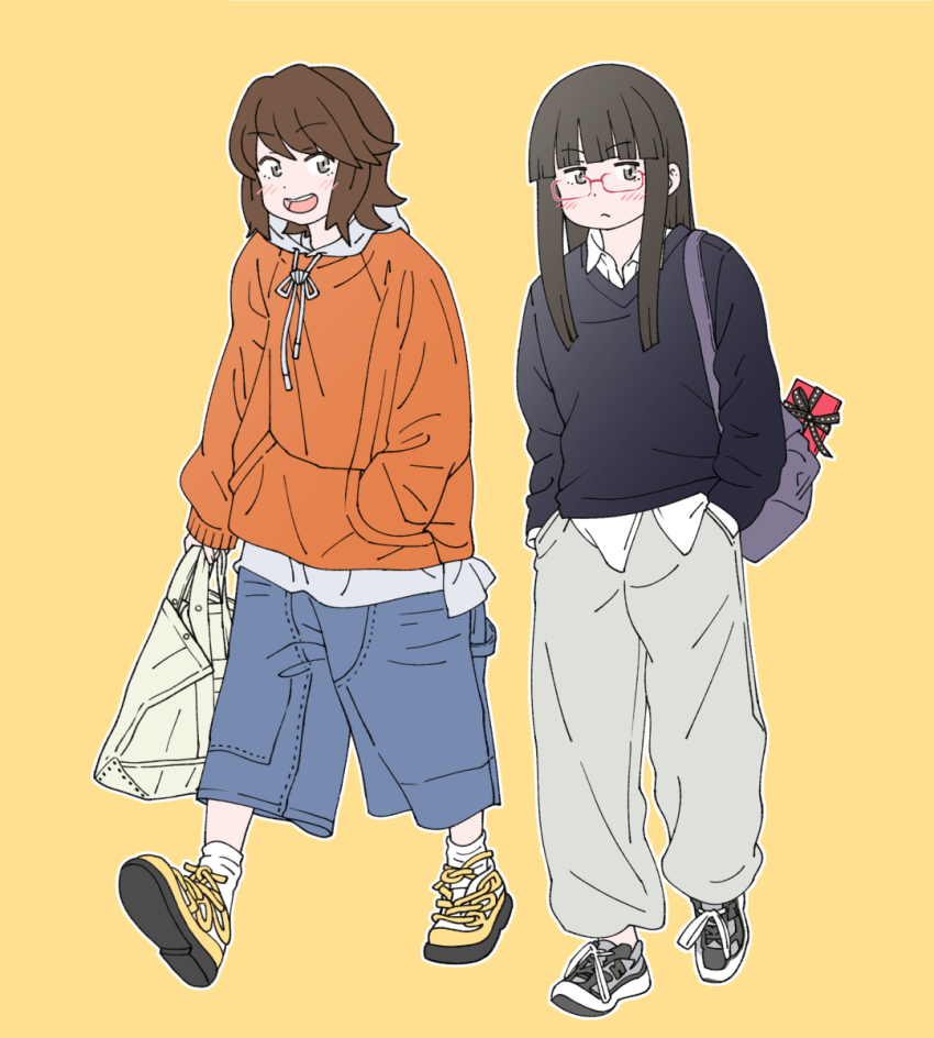 2girls alternate_costume bag bespectacled black_hair black_shoes black_sweater blue_pants blunt_bangs brown_hair collared_shirt dress_shirt full_body glasses grey_pants hands_in_pockets hatsuyuki_(kancolle) highres kantai_collection long_hair miyuki_(kancolle) multiple_girls orange_background orange_sweater pants shin_(shin_k009) shirt shoes short_hair sneakers sweater white_shirt yellow_shoes