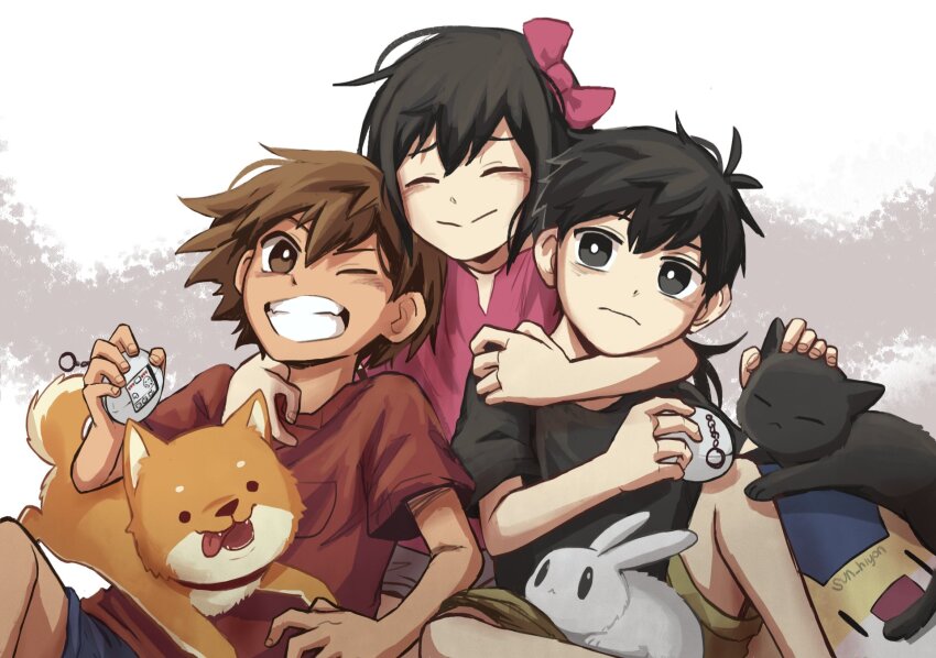 1girl 2boys ^_^ aged_down animal antenna_hair artist_name aubrey_(faraway)_(omori) aubrey_(omori) black_cat black_eyes black_hair black_shirt blue_shorts bow bright_pupils brown_eyes brown_hair bun-bun_(omori) cat child clenched_teeth closed_eyes closed_mouth commentary dark-skinned_male dark_skin dog english_commentary fingernails frown hair_behind_ear hair_bow hector_(omori) highres hiyon_(sun_hiyon) holding hug hug_from_behind kel_(faraway)_(omori) kel_(omori) knee_up long_hair looking_at_another looking_at_viewer mewo multiple_boys omori one_eye_closed pink_bow pink_shirt rabbit red_shirt shirt short_hair short_sleeves shorts simple_background sitting smile sunny_(omori) t-shirt teeth white_background white_pupils white_rabbit_(animal)