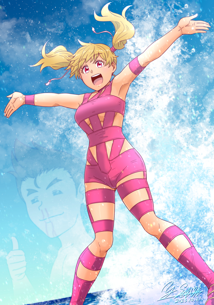 absurdres armband artist_name blood blue_sky bodysuit boots breasts brown_hair chinen_daisuke cloud cloudy_sky commentary dated day dutch_angle fresh_precure! highres hot_limit medium_breasts medium_hair momozono_love nosebleed open_mouth outdoors outstretched_arms pink_bodysuit pink_boots pink_eyes precure satou_yasu signature sky smile spread_arms standing t.m.revolution tan thumbs_up twintails wristband