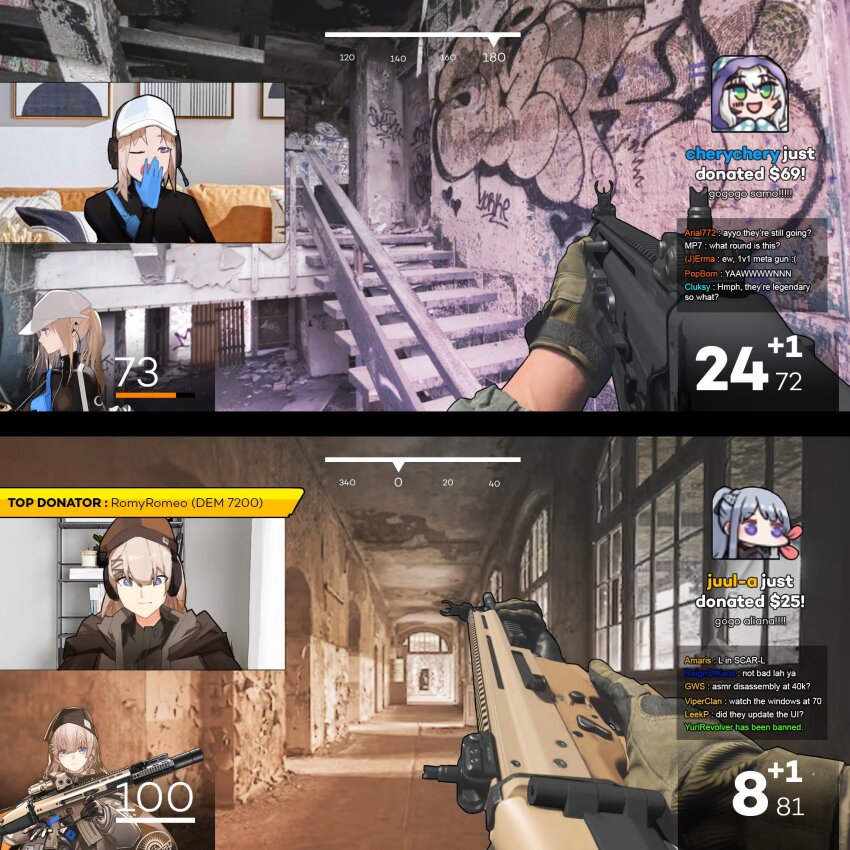 2girls assault_rifle baseball_cap black_bodysuit blonde_hair blue_eyes blue_gloves blush bodysuit brown_hair chat_log fn_scar girls&#039;_frontline gloves gun hat headset highres indoors light_smile livestream long_hair long_sleeves looking_at_viewer multiple_girls one_eye_closed open_mouth playing_games rifle scar-h_(girls&#039;_frontline) scar-l_(girls&#039;_frontline) short_hair turtleneck turtleneck_bodysuit upper_body variasii weapon white_headwear yawning