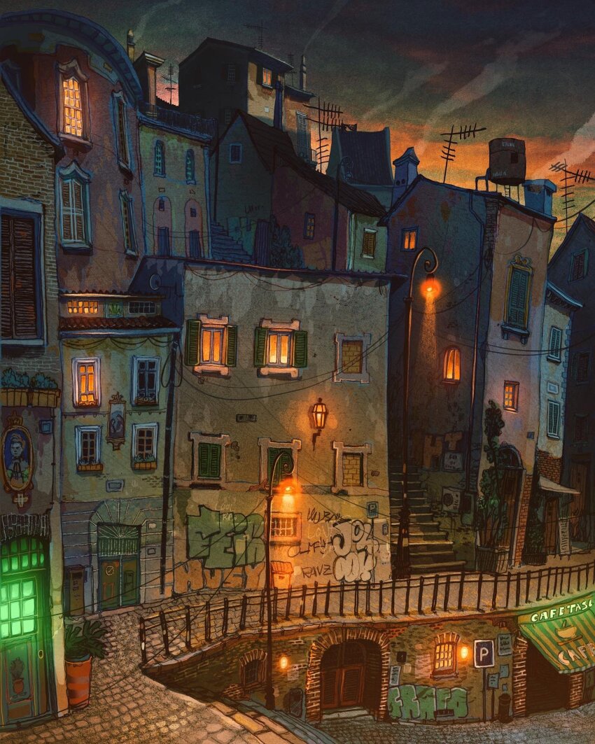 architecture awning building cafe chimney door francisco_fonseca graffiti highres house lamppost night night_sky no_humans original picture_frame plant potted_plant railing sky stairs urban wall_lamp water_tower window window_light