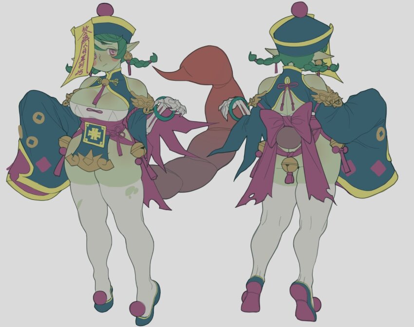 1girl ass breasts cleavage female_focus green_hair hat jiangshi large_breasts poch4n pointy_ears solo