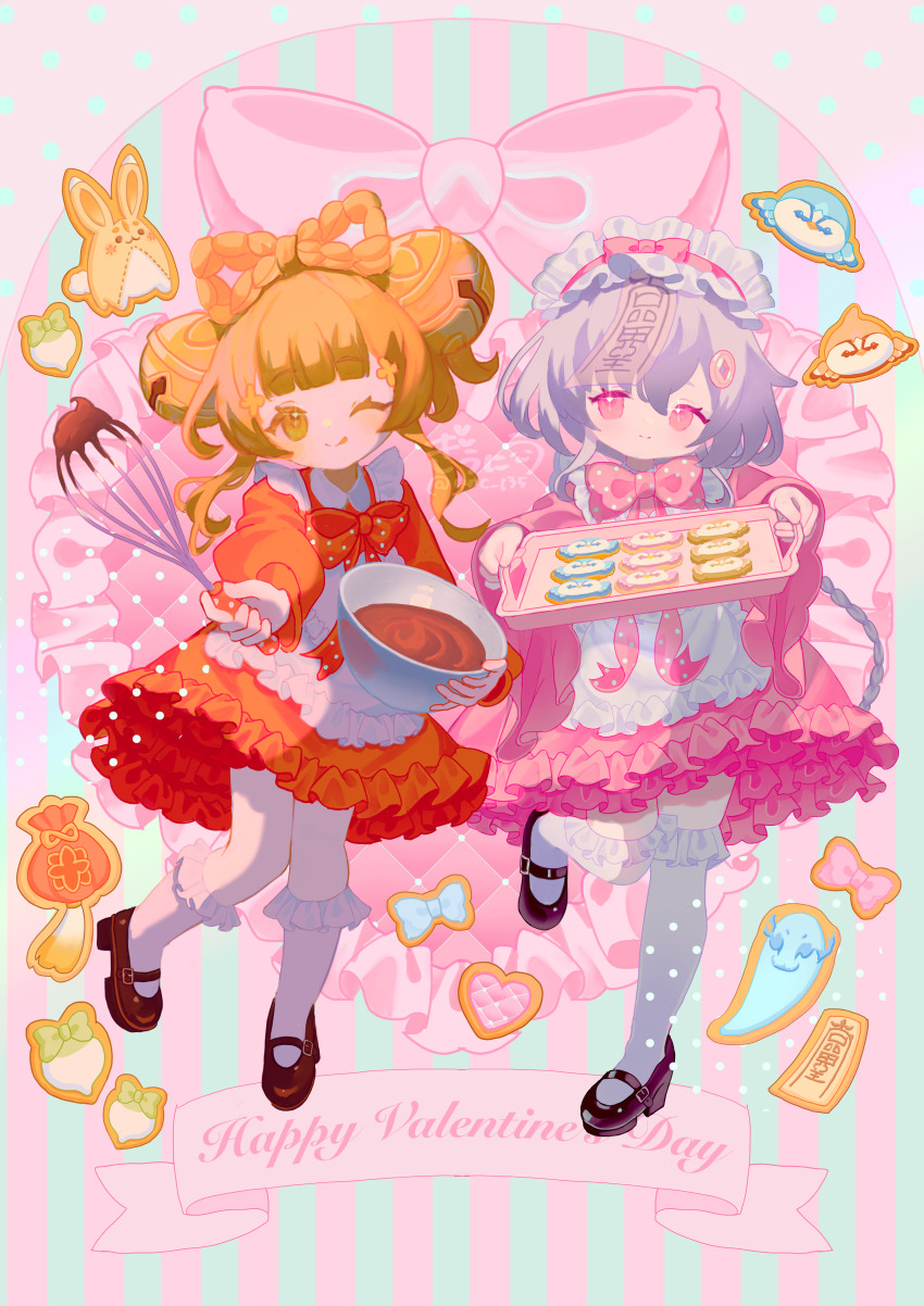 2girls ;p absurdres animal-themed_food apron bell black_shoes blunt_bangs bow bowl bowtie braid brown_hair child chocolate commentary commentary_request cookie dress english_commentary food frilled_dress frilled_socks frills full_body genshin_impact giuniu_(unc_135) hair_bell hair_ornament happy_valentine highres holding holding_bowl holding_tray holding_whisk kneehighs long_hair long_sleeves looking_at_viewer maid_headdress medium_dress mixed-language_commentary multiple_girls no_pupils one_eye_closed orange_eyes pink_background pink_bow pink_bowtie pink_dress pink_eyes polka_dot polka_dot_apron polka_dot_bow purple_hair qiqi_(genshin_impact) red_bow red_bowtie red_dress shoes sidelocks smile socks sparkling_eyes standing standing_on_one_leg striped_background tongue tongue_out tray vertical-striped_background whisk white_headdress white_socks wide_sleeves yaoyao_(genshin_impact) yuegui_(genshin_impact) yume_kawaii