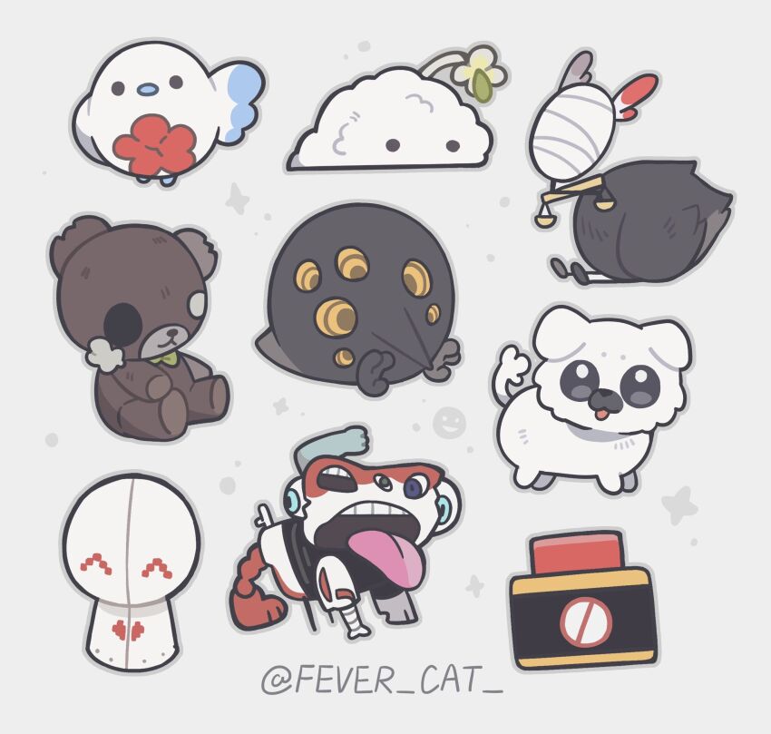 ^_^ artist_name balance_scale bandages big_bird_(project_moon) bird blue_eyes body_horror closed_eyes dog don&#039;t_touch_me_(project_moon) extra_eyes extra_teeth fevercat grey_background happy_teddy_bear highres judgement_bird lobotomy_corporation meat_lantern_(project_moon) no_humans no_symbol nothing_there open_mouth ppodae project_moon punishing_bird push-button red_button simple_background smiley_face sparkle stuffed_animal stuffed_toy stuffing teddy_bear tongue tongue_out twitter_username we_can_change_anything weighing_scale white_fur yellow_eyes