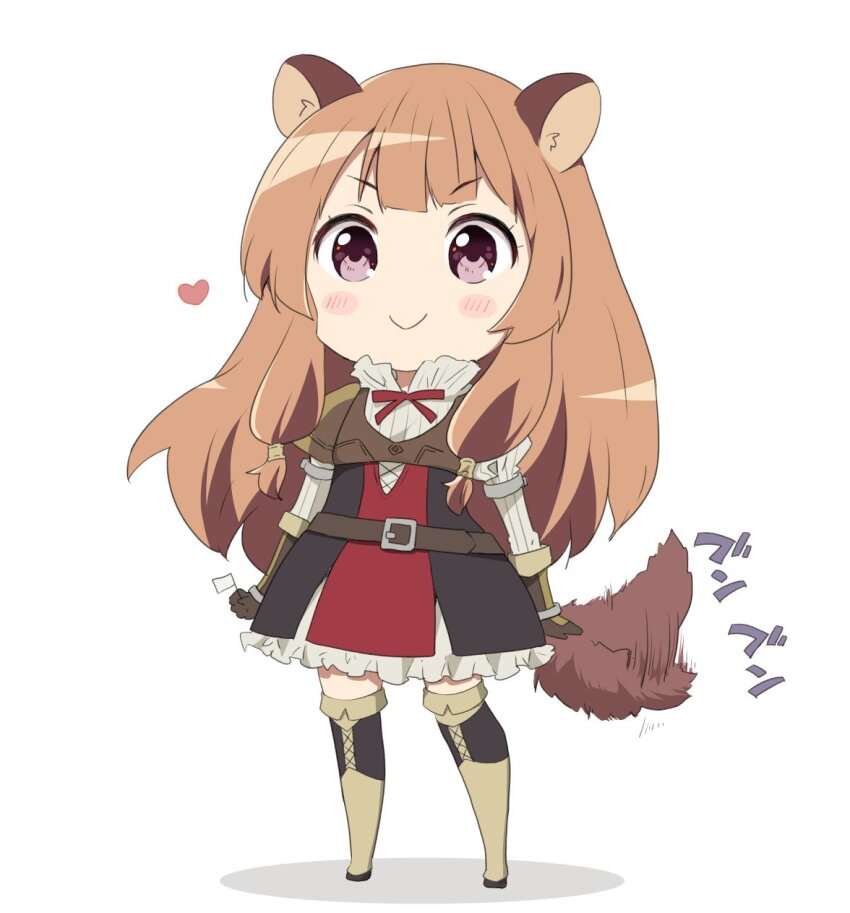 1girl animal_ears armor black_dress blunt_bangs blush_stickers boots breastplate brown_boots brown_gloves brown_hair chibi commentary_request dress elbow_gloves flag full_body gloves heart high_collar highres holding holding_flag layered_dress long_hair long_sleeves metal_arm_cuffs metal_wrist_cuffs neck_ribbon pauldrons pink_eyes raccoon_ears raccoon_girl raccoon_tail ragho_no_erika raphtalia red_dress red_ribbon ribbon short_dress shoulder_armor simple_background single_pauldron solo standing tail tail_wagging tate_no_yuusha_no_nariagari thigh_boots thighhighs translation_request two-tone_dress white_background white_dress white_flag zettai_ryouiki